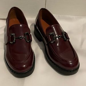 madden girl loafers, never worn, size 8, burgundy with grey steel buckle